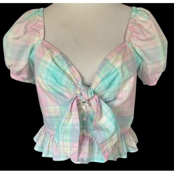 NWT Abound Pastel Plaid Tie Front Crop Top With Puff Sleeves Size L 100% Cotton - Picture 1 of 5